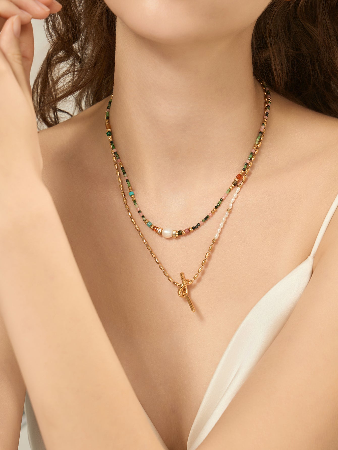 Taylynn Pearl & Stone Layered Necklace [LG4A7EOD]