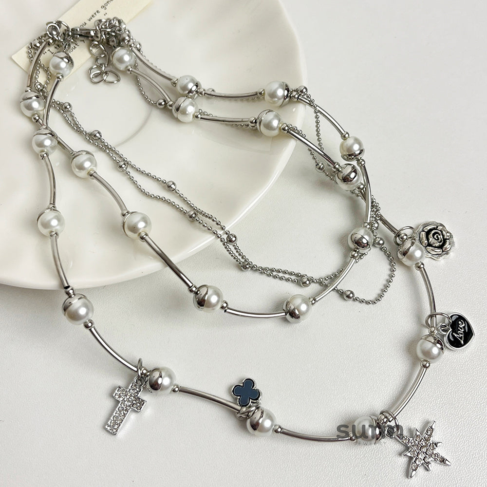 Xiomara Layered Pearl Heart Necklace [278F23Z9]
