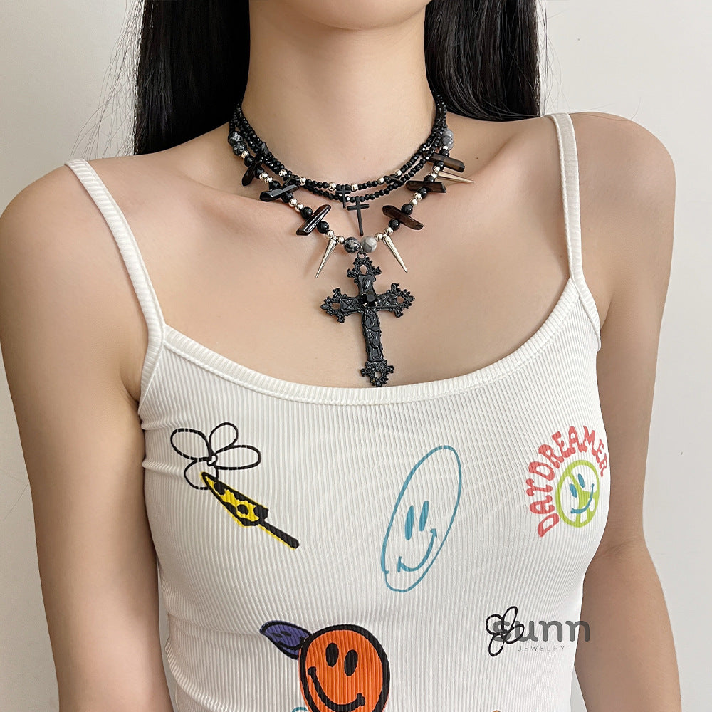 Zaniah Layered Cross Rivet Necklace [7PRM08IV]